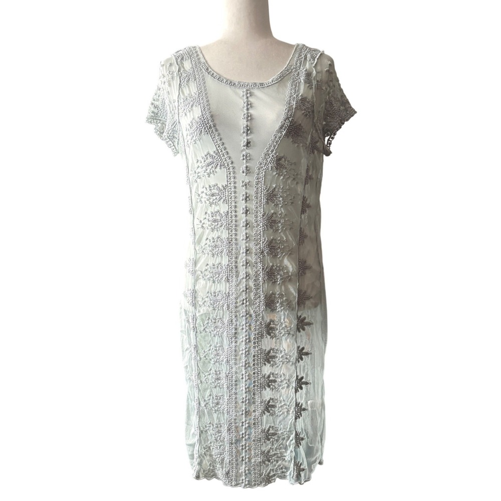 Sundance Boho Embroidered Mesh Dress Sheer‎ Overlay Cottagecore Pastel Medium